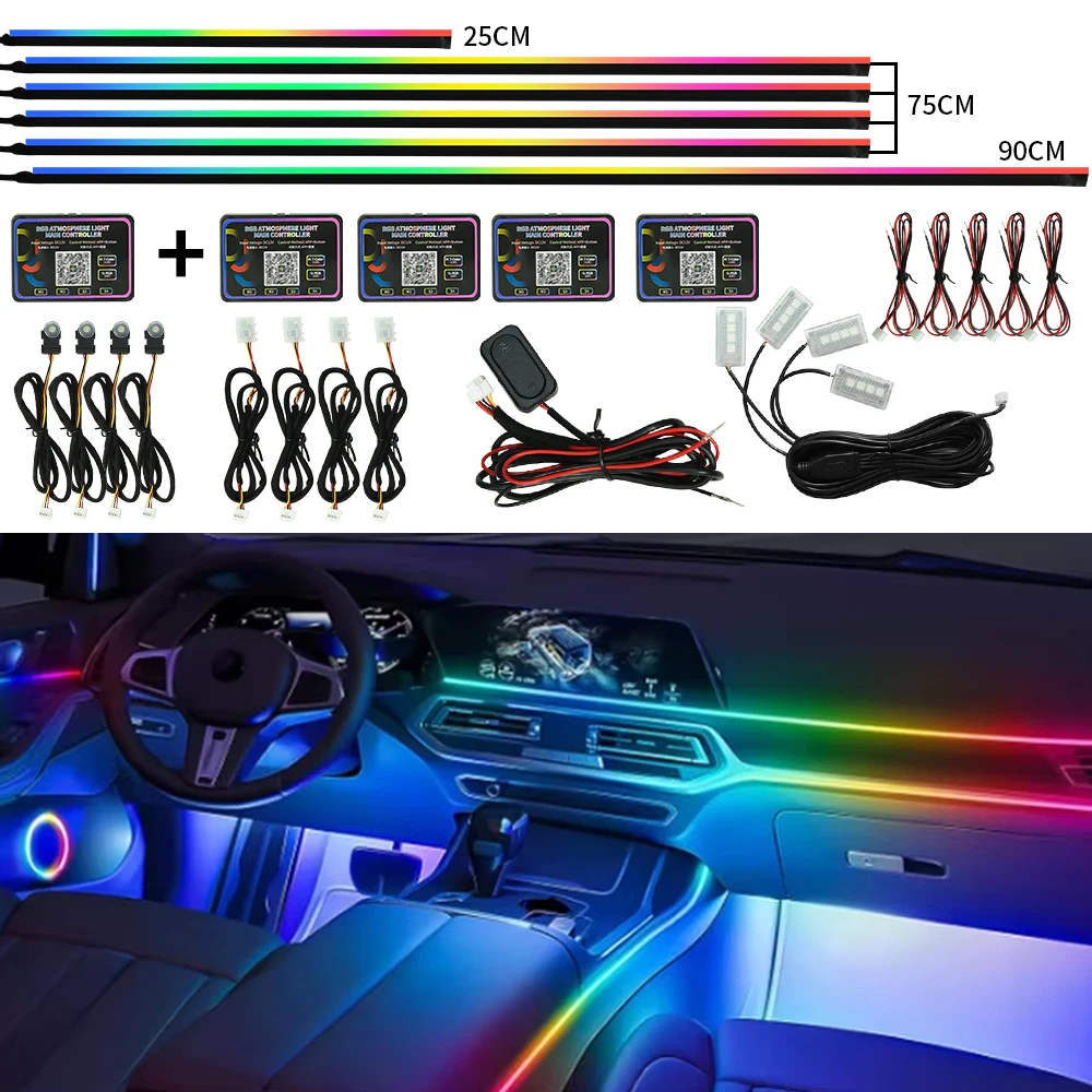 

18 in 1 Symphony Car Ambient Light Interior Acrylic Guide RGB 64 Color LED Strip Light Decoration Atmosphere Lamp by APP Control