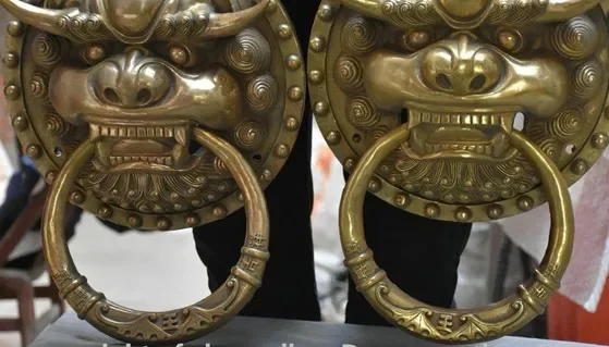 15 "الصينية النحاس فنغشوي الشر الحرس فو فو الكلب الأسد رئيس مطرقة الباب زوج #3