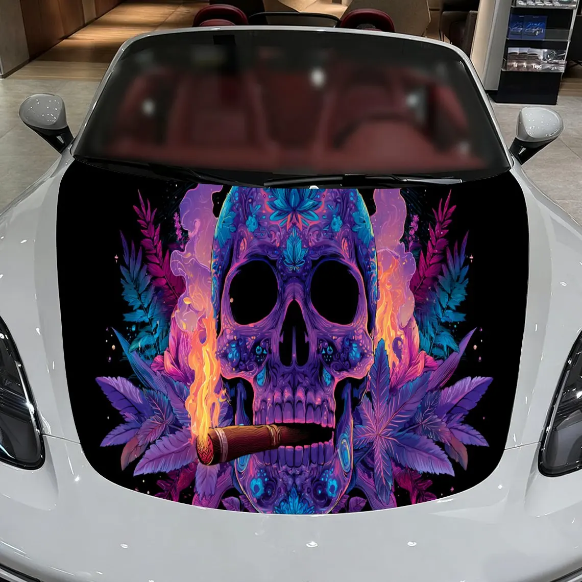 

Vibrant Neon Skull with Cigar Car Cover Sticker, Auto Hood Decal, Car Exterior Scratch Resistant Decal, Trendy Gift for Car Love