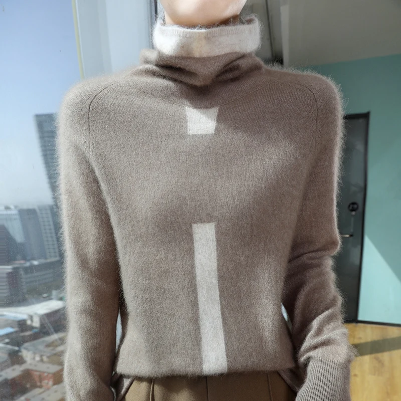 

100% mink cashmere knitted women's high neck sweater with slim fit, exquisite color matching, women's full sleeve pullover, new