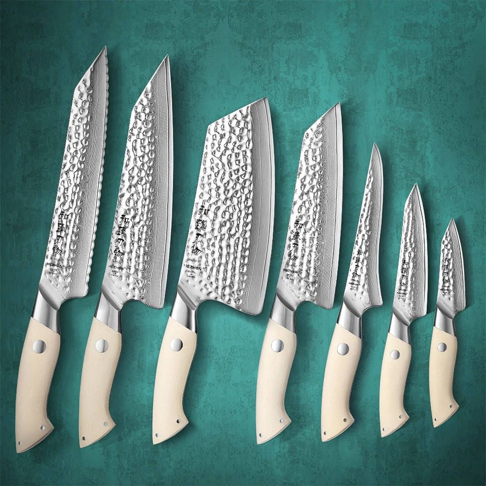 

HEZHEN 7PC Knife Set 67 Layers Damascus Steel Chef Cook Knife G10 Handle for Meat Sharp Kitchen Knife Gift Box