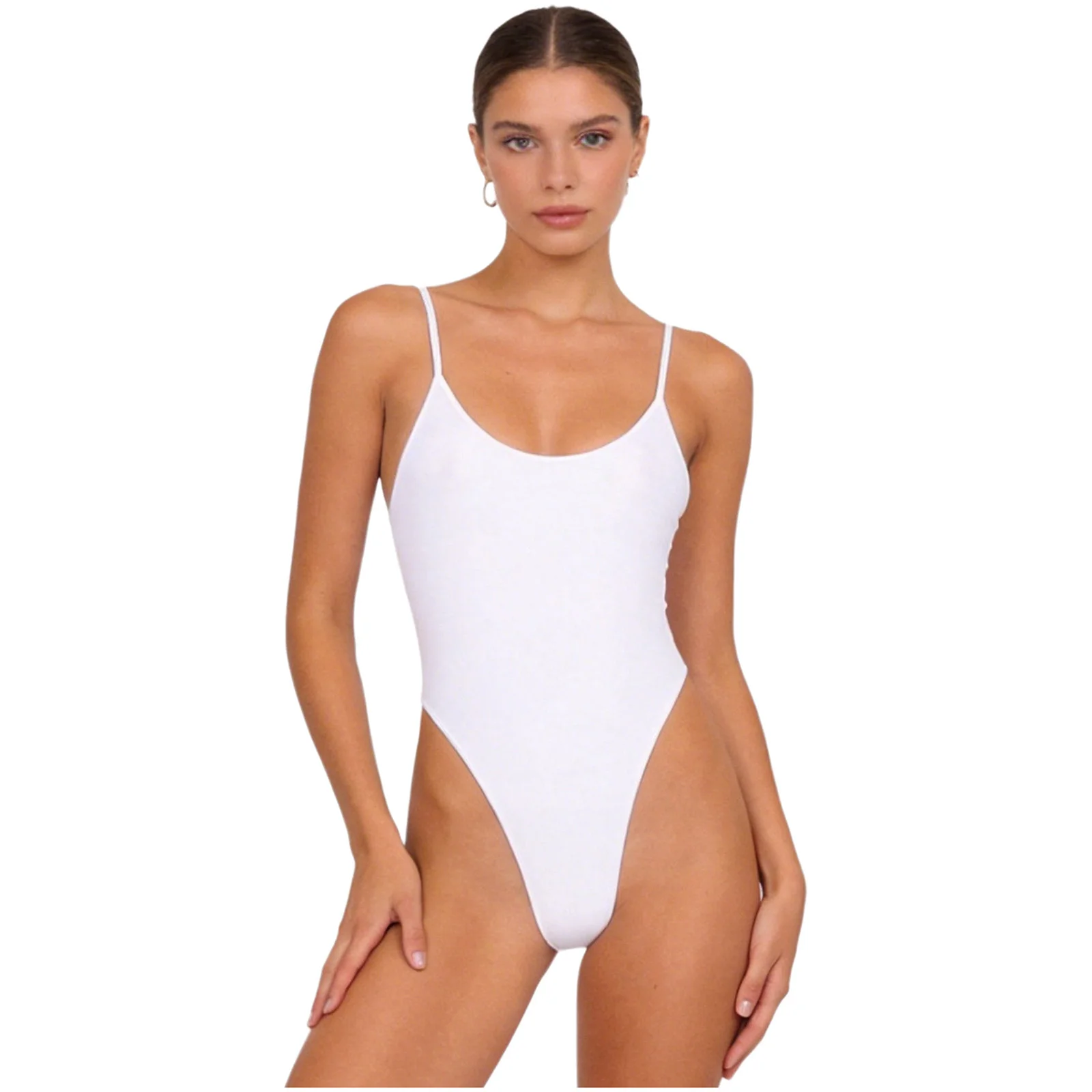 Womens One Piece Swimsuit Oil Shiny Glossy Leotard Spaghetti Strap Backless High Cut Stretchy Jumpsuit Swimwear Bathing Suit