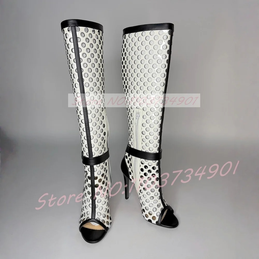 Round Cutout Peep Toe Knee High Boots Women See-through Mesh Color-Block Buckle Stiletto Heels Female Sexy Party Runway Sandals