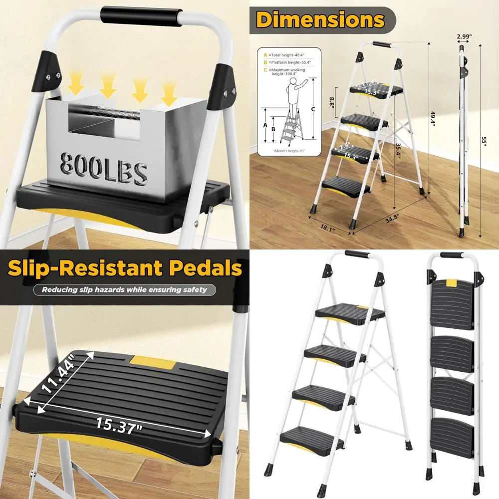 

Heavy-Duty Folding Steel Ladder with Safety Lock, Anti-Slip Treads, 800lbs Capacity, Handrail for Indoor and Office Use