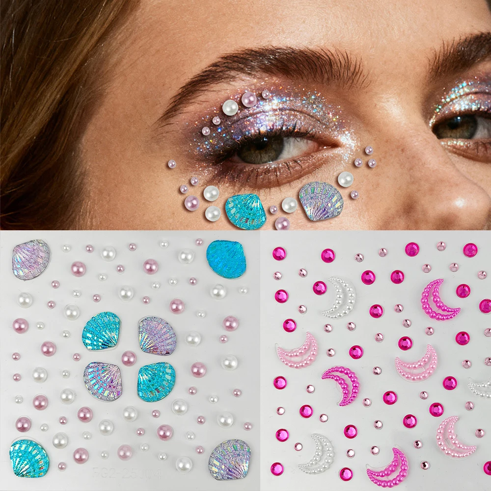 

1 шт. 3D-татуировка для лица и тела в виде жемчужной ракушки, глаз русалки, звезды, луны, со стразами и бриллиантами, для женщин, для вечеринок, сценического макияжа и декора