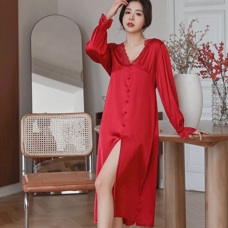 Sexy Lace Trim V-neck Nightgown Bathrobe New Rayon Female Nightdress Sleepshirt Elegant Palace Style Princess Sleepwear Homewear