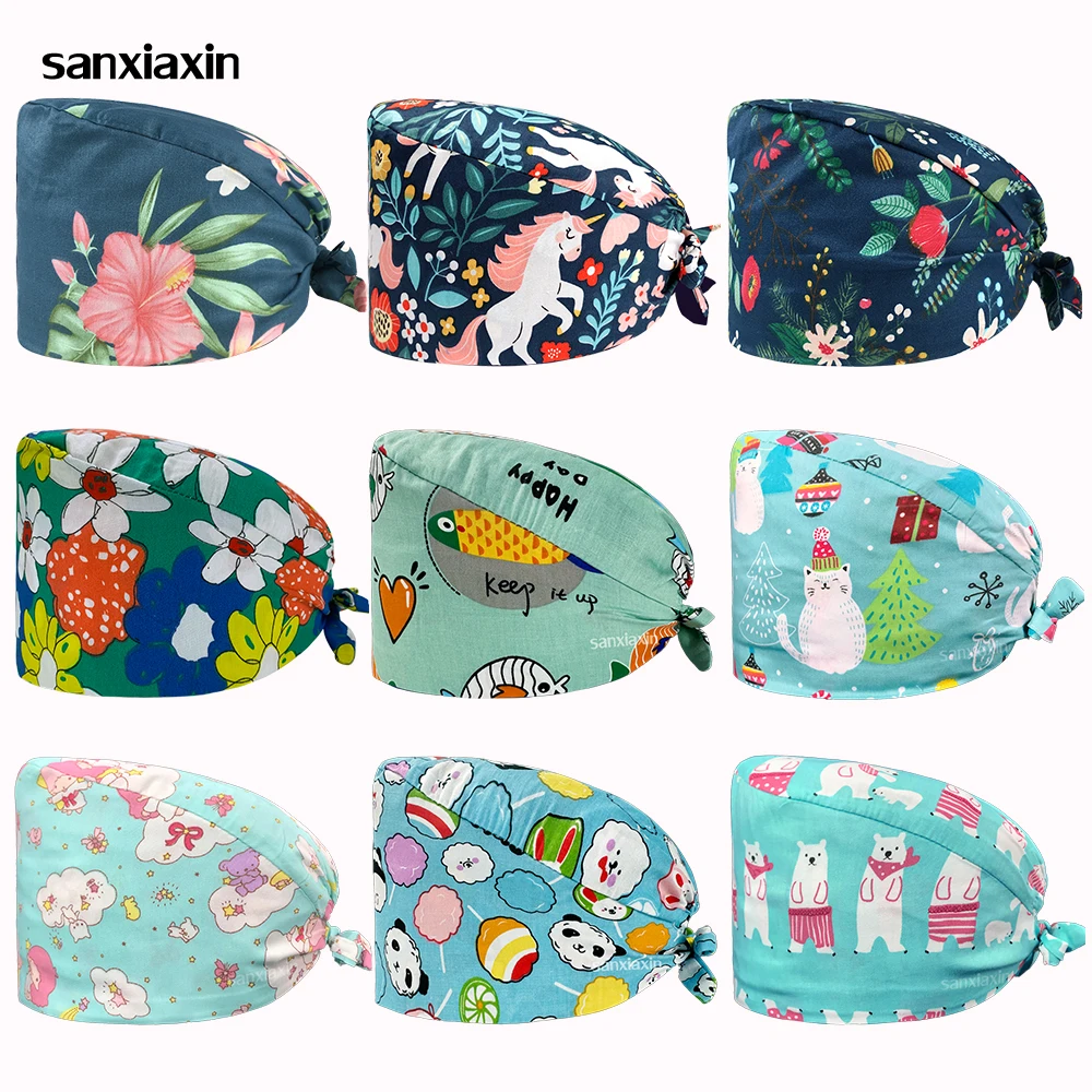 Cartoon Nursing Cap Doctor Operating Room Printing Head Cap Lab Pharmacy Dustproof Pet Hospital Surgical Hat Unisex Dentist Hats