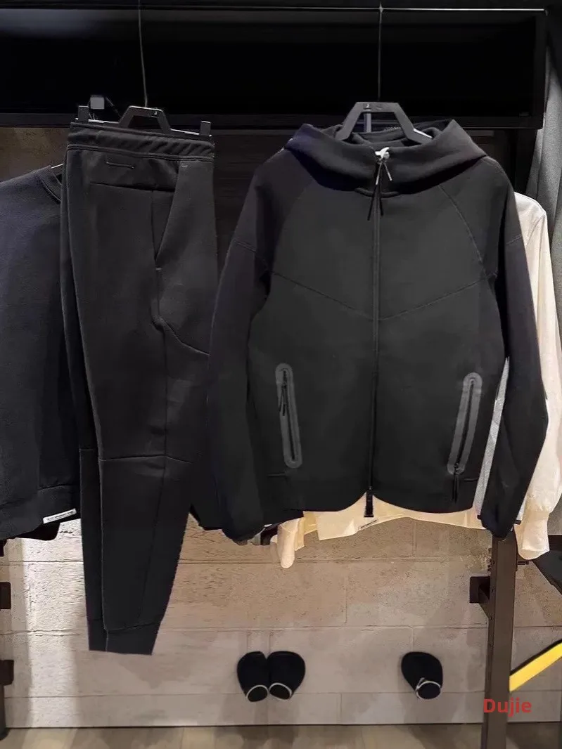 Tech Fleece Air Layer Men's Casual Sportswear Jacket Pants Set 2025 New Style Long Sleeve Hooded Four Seasons Cotton Blend