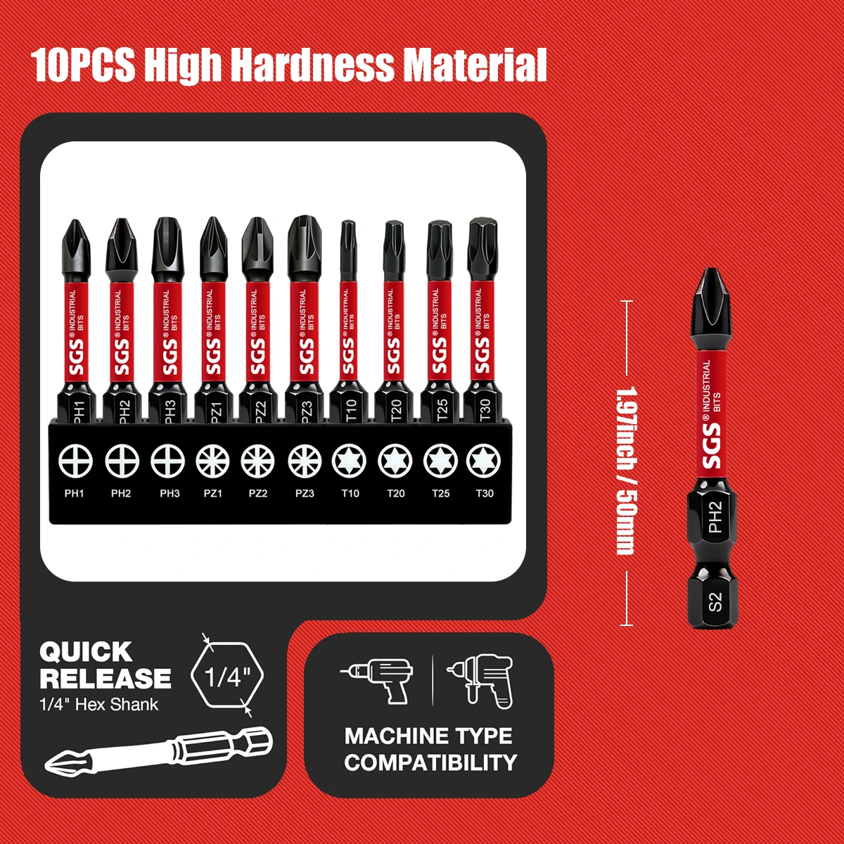 10-Piece Set of Durable Mixed Screwdriver Bits, 50mm, Industrial Grade, One Set Covers Phillips / Torx / Star Screw Repair, Meeting the Needs of Fastening and Disassembly in Multiple Scenarios view 3