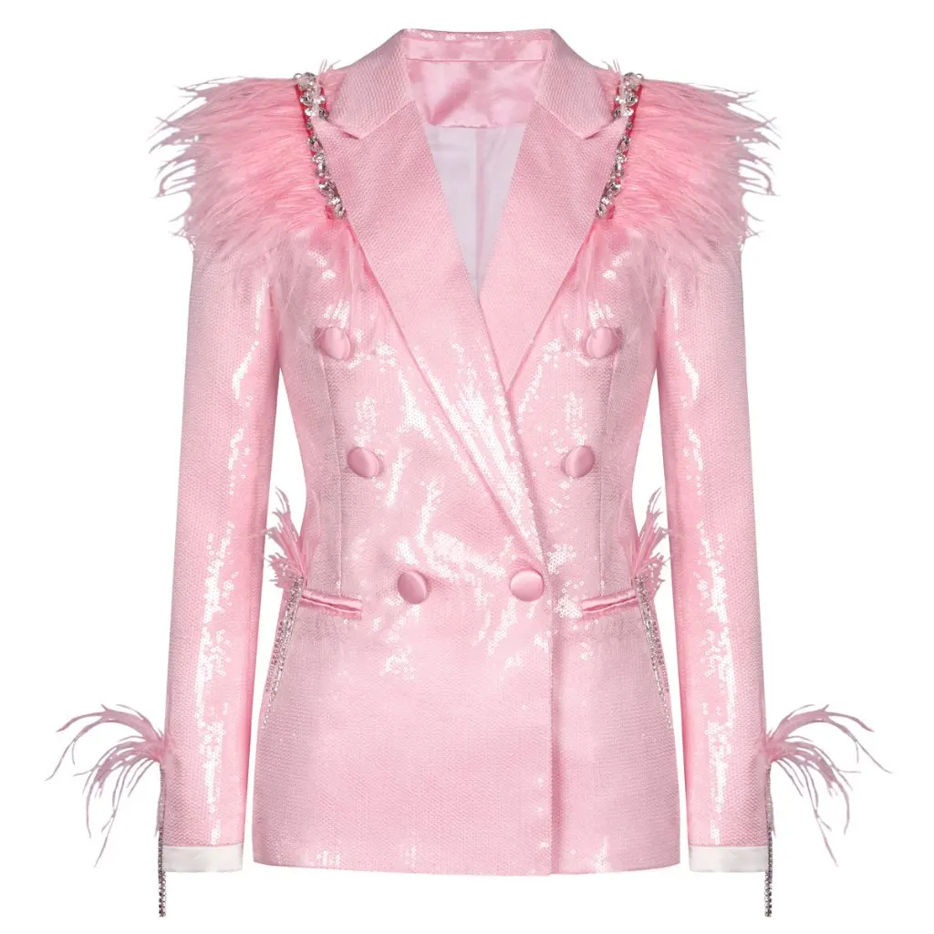 

Women's Pink Sequin Feather Small Suit Jacket Spring Autumn European American Style Stage Quality in Stock