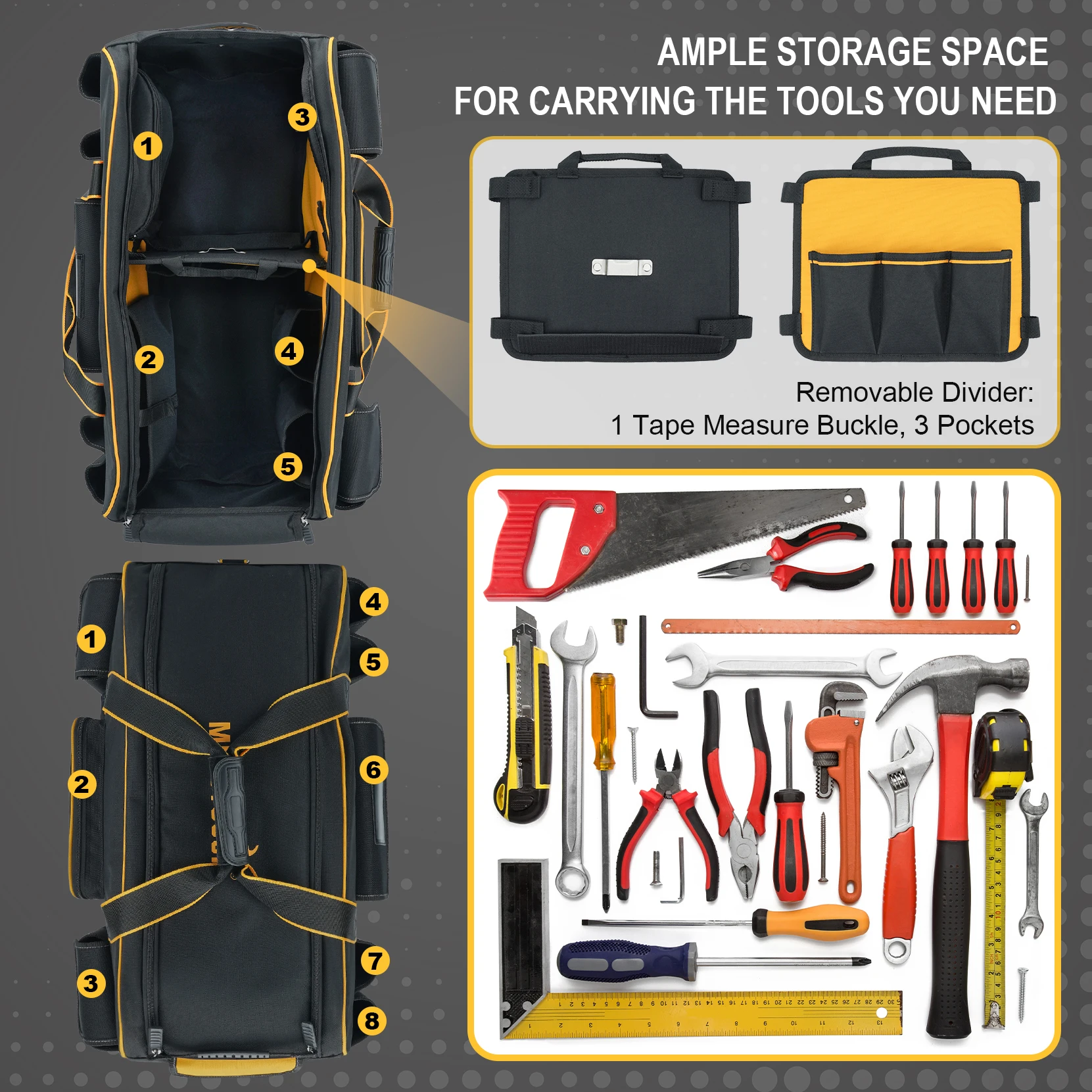 Rolling Tool Bag with Wheels,Large Capacity Tool Bag Organizer with Concealed Telescoping Handle for Electrician,Construction