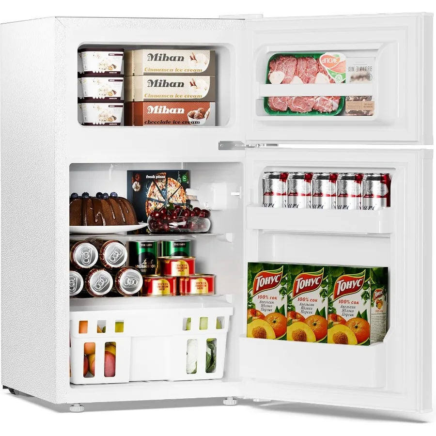 Compact 3.2 Cu.Ft. Mini Refrigerator with Separate Freezer and Double Doors Adjustable Removable Shelves Ideal for Basement Apa