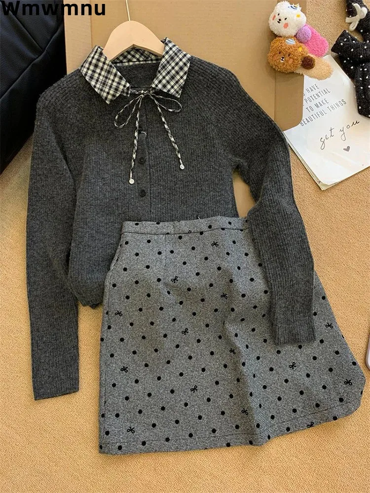 Conjuntos de 2 piezas de punto para mujer, elegantes, grises de Corea, suéter cálido con cuello tipo Polo para otoño e invierno, Tops, Conjunto informal de minifaldas sexuales