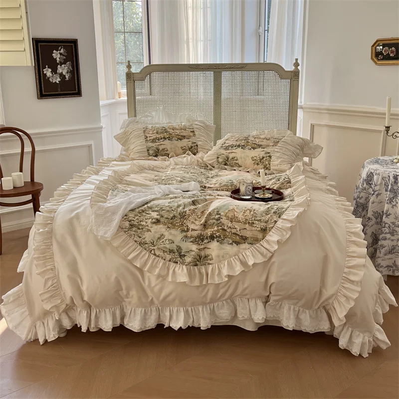 Europe Vintage Pastoral Style Bedding Set 100% Cotton Luxury Lace Ruffles Plant Pattern Quilt/Duvet Cover Bed Skirt Pillowcases