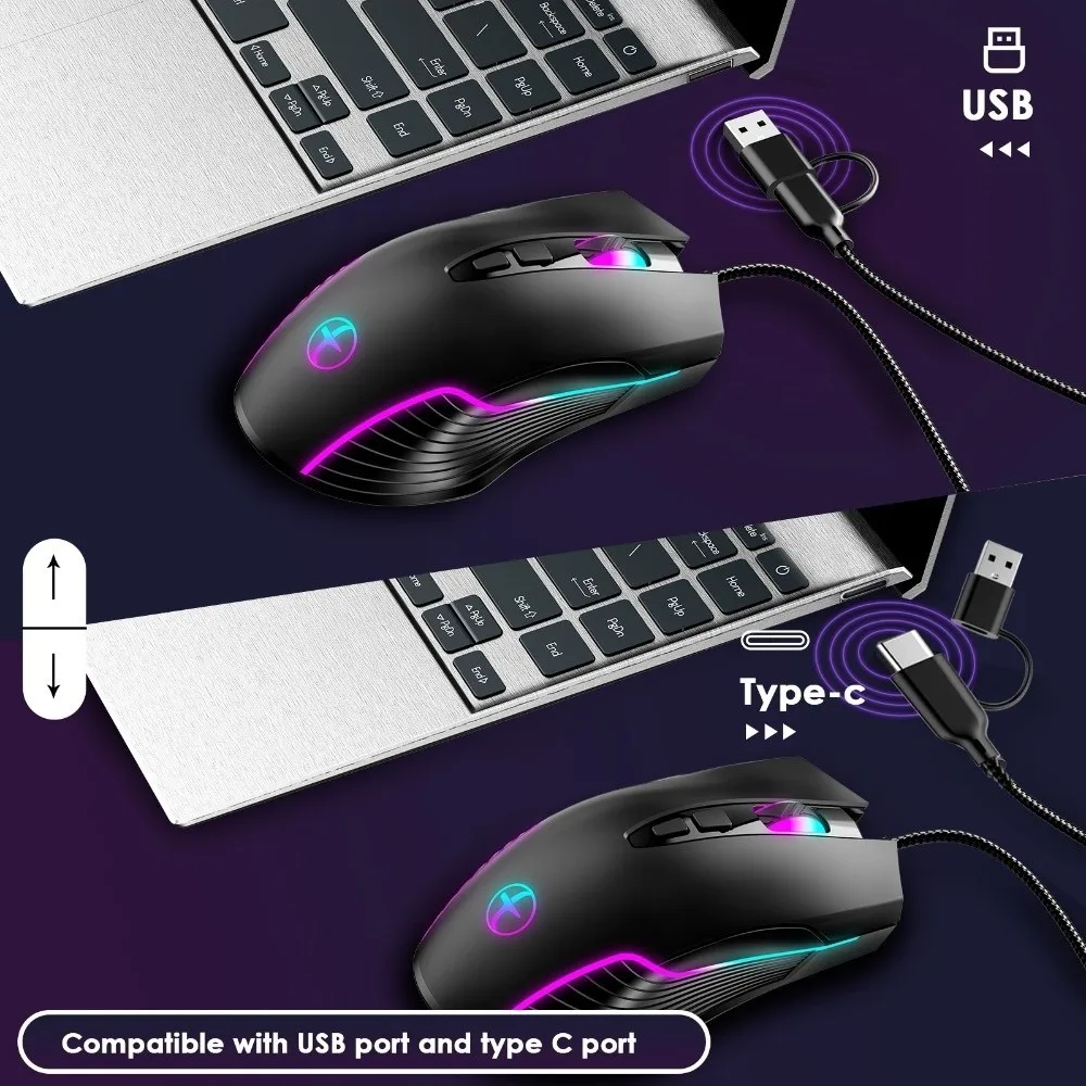 

USB/Type-C 2.4G Wireless Mouse Jiggler Mode LED Backlit Wired Mouse Ergonomic Design 7 Buttons Optical Wireless Mouse