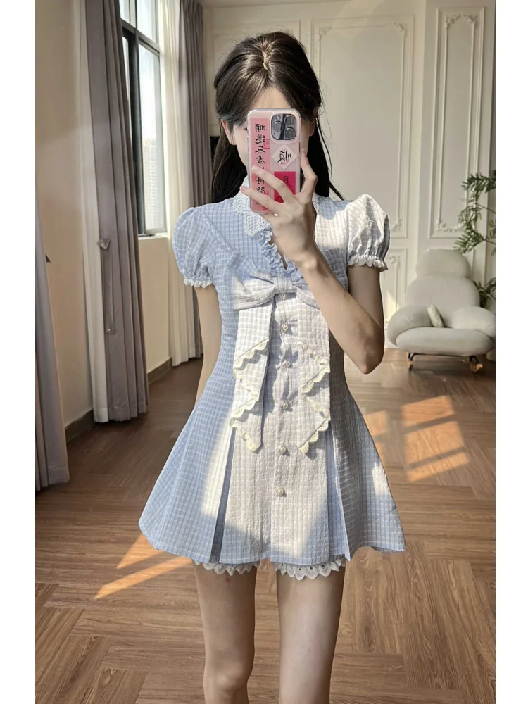 

Korea Women Slim Waisted Spice Dress French A-line Short Sea Salt Cheese Style Women Sweet Summer New 2024