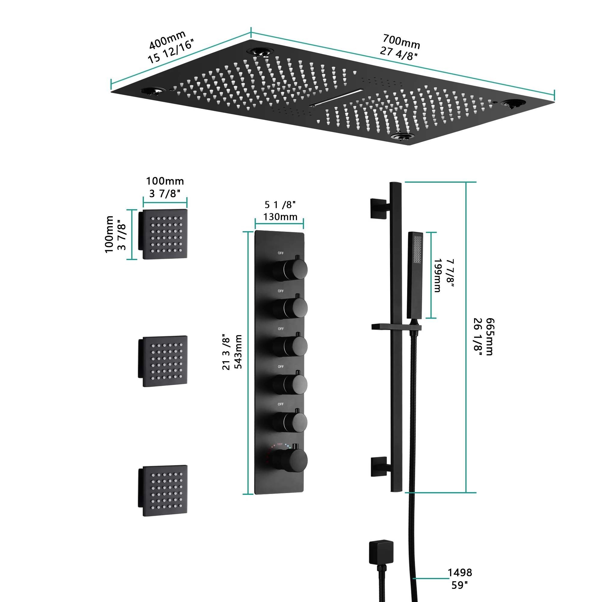 

700 мм * 400 мм из нержавеющей стали, 5 функций, светодиодный термостатический черный смеситель для душа с музыкой для ванной комнаты