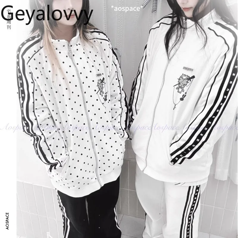 

Оригинальная свободная спортивная куртка с принтом субкультуры, милая универсальная толстовка с воротником-стойкой для девочек, повседневные брюки с высокой талией