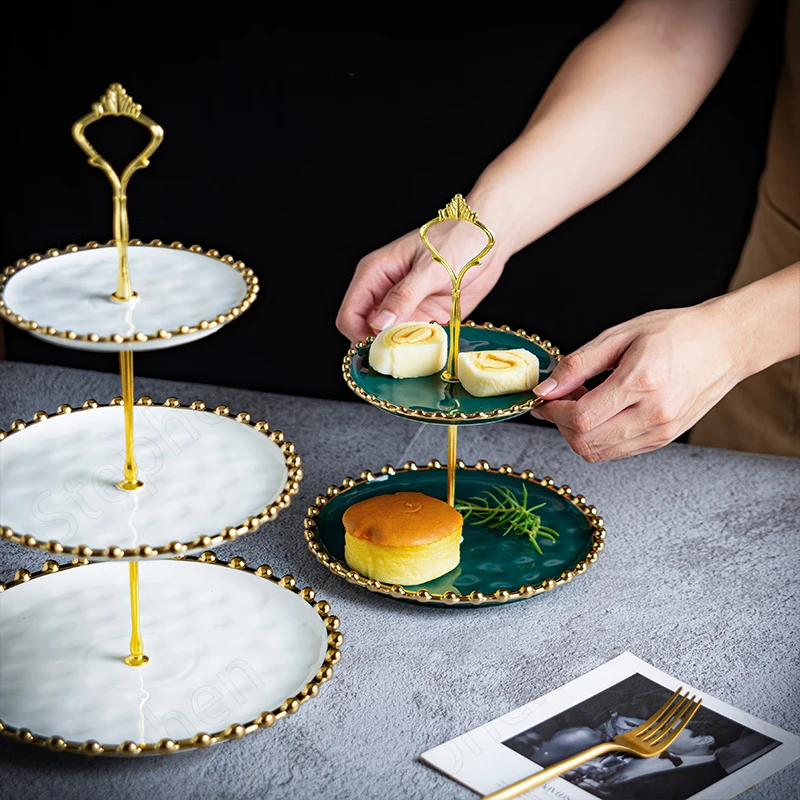 Nordic Gold Beads Decorative Cake Stand European Classical Golden Stroke Home Afternoon Tea Double Layer Dessert Ceramic Rack