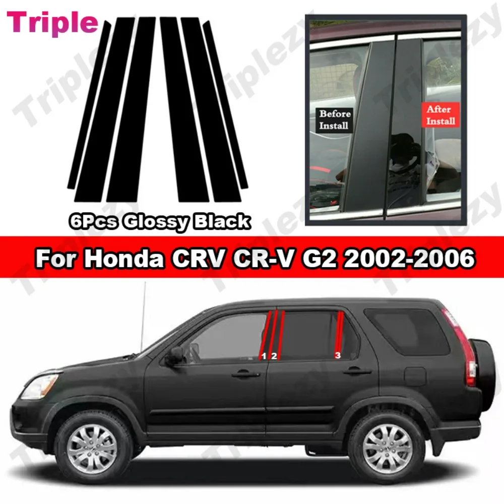 Glossy Black Car Door Window Center Middle Column B C Pillar Post Cover Trim Mirror Effect PC Sticker For Honda CRV G2 2002-2006