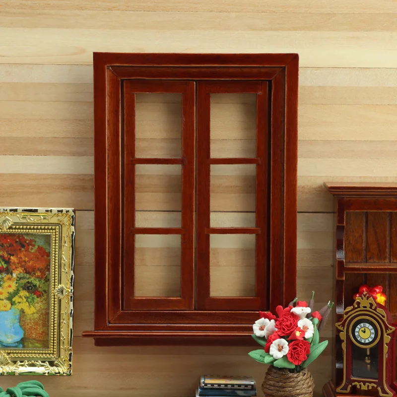12 Scale Miniature Wooden Window Openable Double Casement 6-Pane Chestnut Dollhouse Window Model for Room Decor