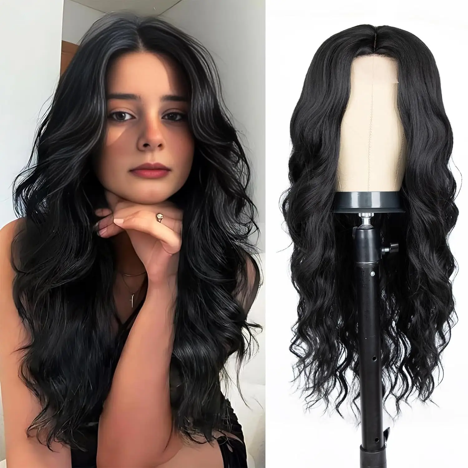 Modische Schwarze Synthetik-Perücke mit Großen Wellen, Langes Lockiges Haar, Flauschige Lange Haare, Modische Hochtemperatur-Seidenperücke, Vollständige Kopfbedeckung – Detail 2