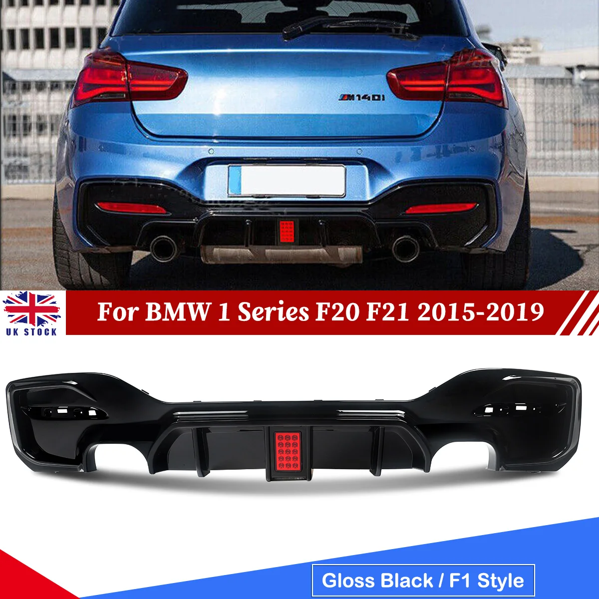 Image of Heckdiffusor mit LED-Leuchten, kompatibel mit BMW 1er M Sport F20 F21 M135i M140i, glänzend schwarzes Heckstoßstangen-Volant-Body-Kit