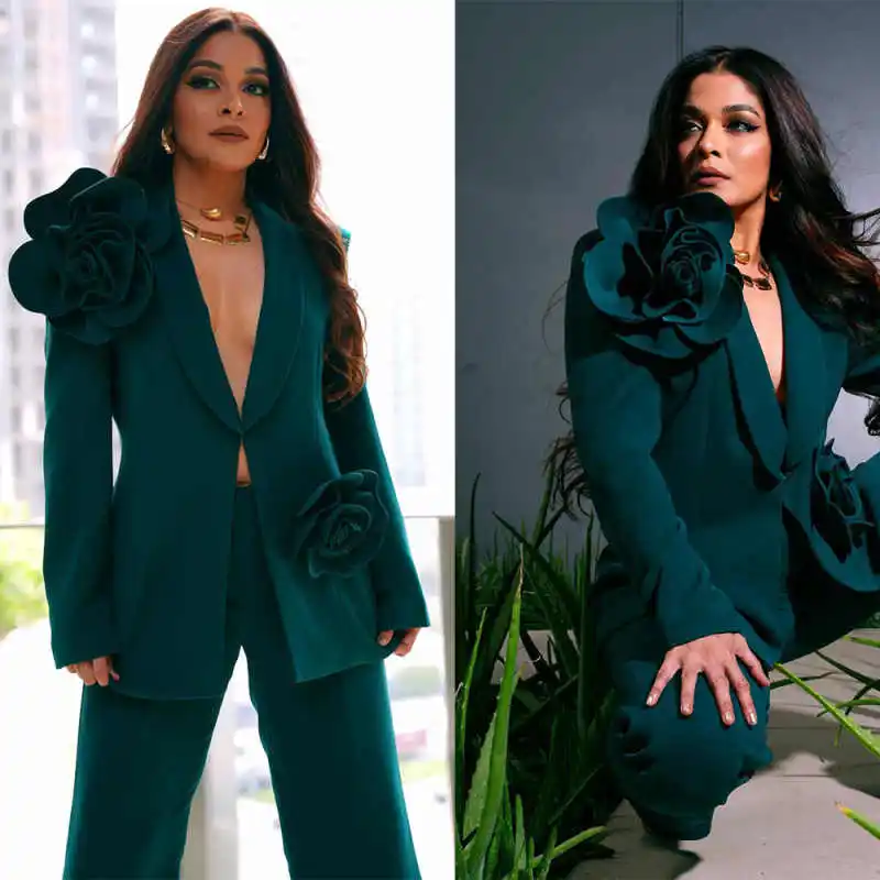 

Женские костюмы с шалью и лацканами по индивидуальному заказу, платья, комплект из 2 предметов, пиджак с цветочной аппликацией на одной пуговице, широкие брюки, повседневное вечернее платье