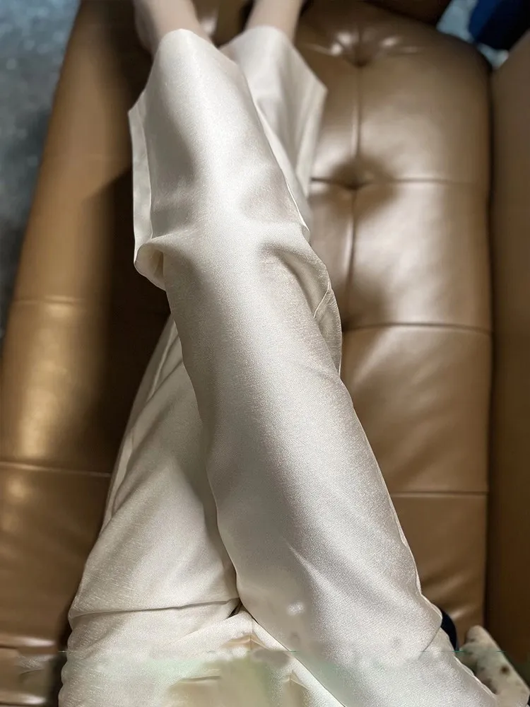 

Шелковые атласные брюки прямого кроя для женщин, летние, новые, с высокой талией, утягивающие, белые, костюмные, струящиеся, повседневные брюки