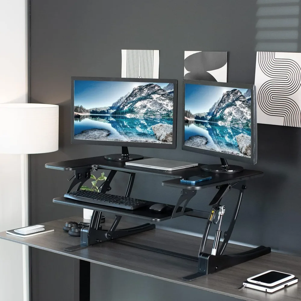 36 Inch Computer Desk ， Height Adjustable Stand Up Desk,  Quick Sit To Stand Tabletop Dual Monitor Riser Workstation