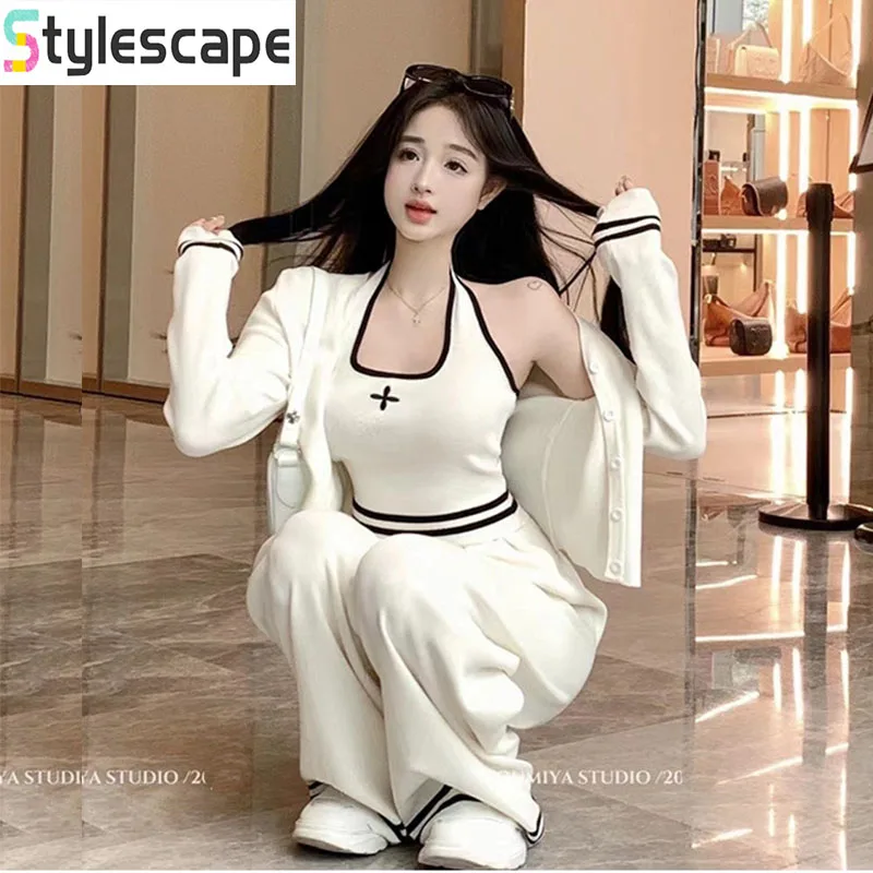 New Knitted Set Women's Casual Cross Color Blocked Tank Top Knitted Cardigan Pants 3-Piece Set Sweater Matching Sets