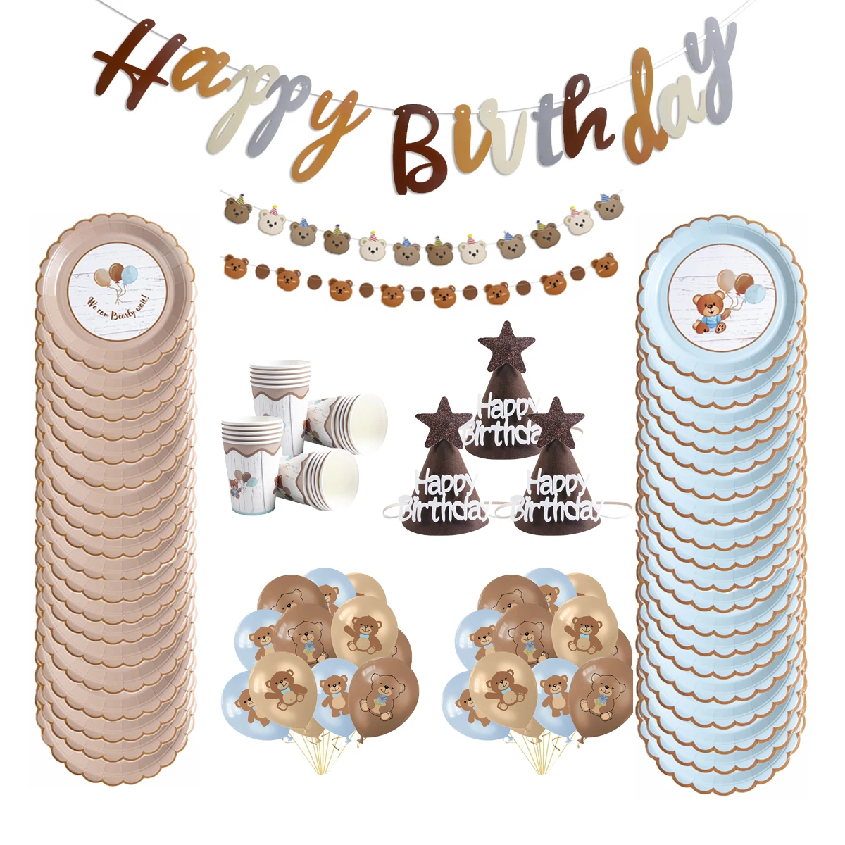 Birthday Party Disposable Tableware Brown Bear Pattern Paper Plate Cup Straws Bear Banner Baby Shower Birthday Party Supplies