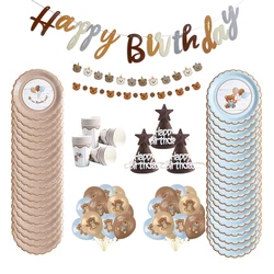 Birthday Party Disposable Tableware Brown Bear Pattern Paper Plate Cup Straws Bear Banner Baby Shower Birthday Party Supplies