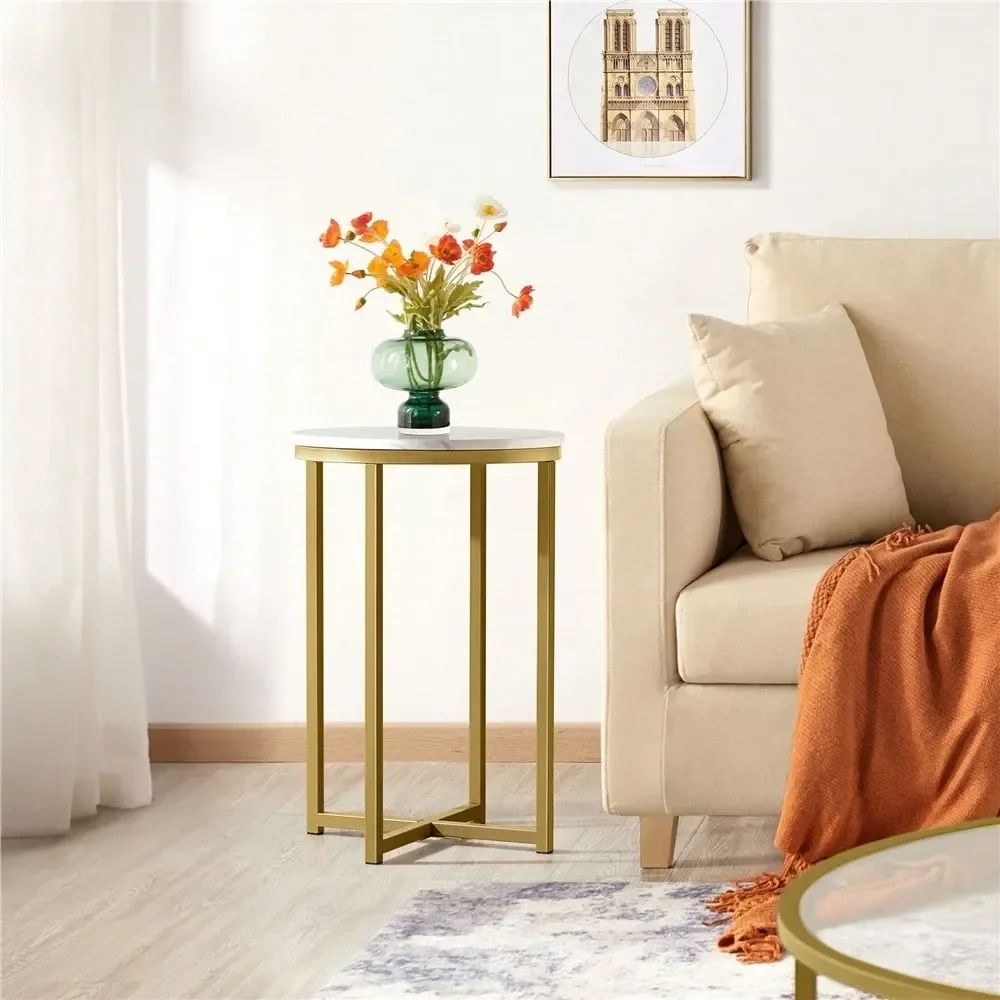 

1pc Faux Marble Side Table With XBased, Round Accent Table With Protective Foot Pads, End Table For Living Room, Loft, Office,