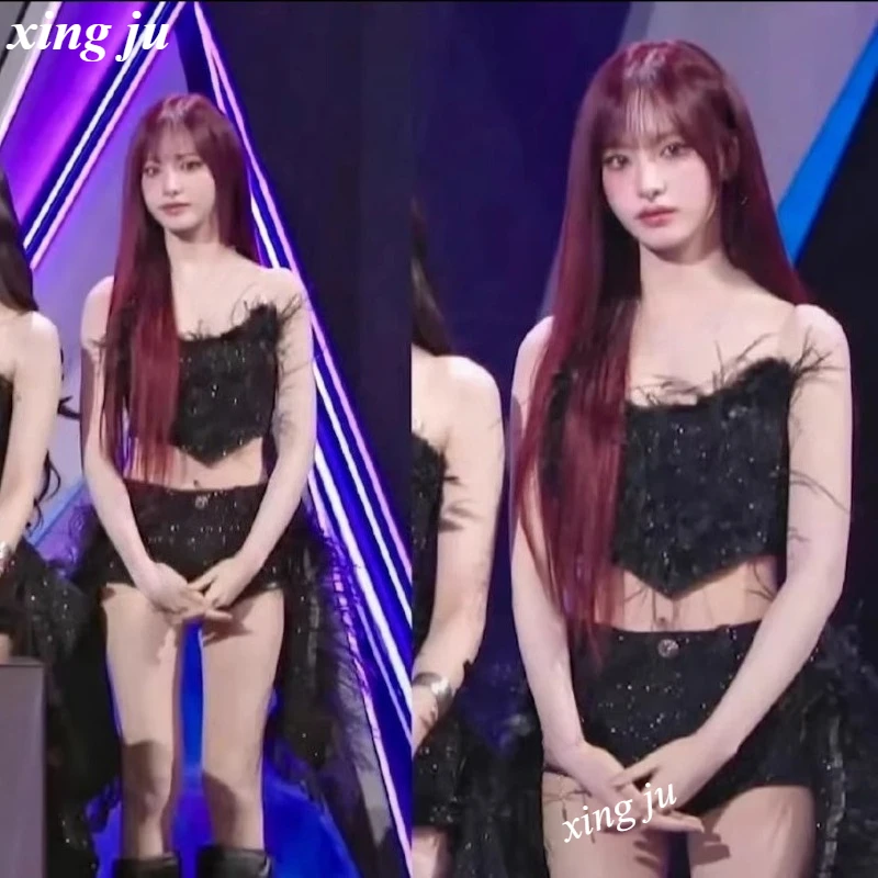 

Xing Ju Korean Singer Jazz Dancer Costume Women Feather Tassels Tops Black Skirt Shorts Kpop Nightclub Dj Stage Performance Wear