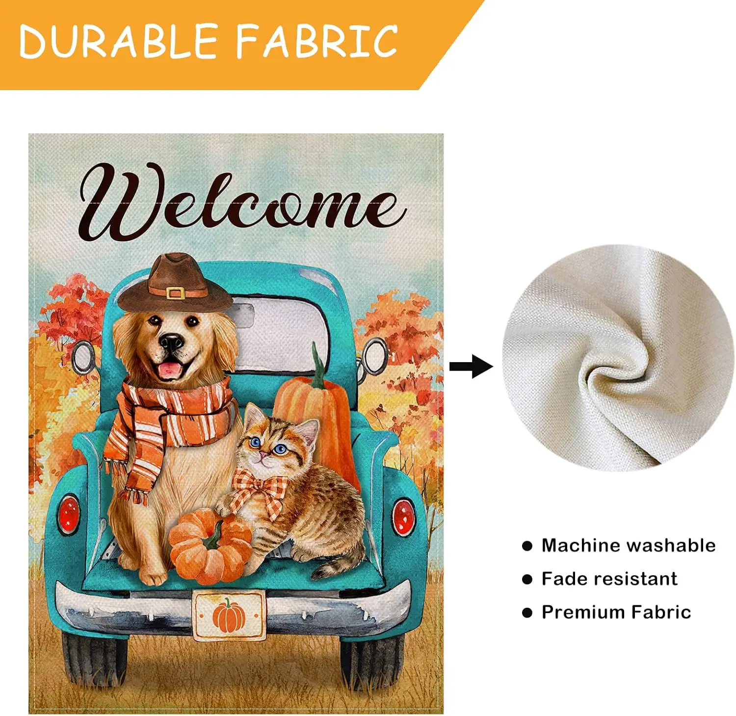 Selmad Welcome Fall Dog Cat Decorative Garden Flag, Autumn Truck Golden Retriever Puppy Kitty Kitten Home Yard Outdoor Decor, Th