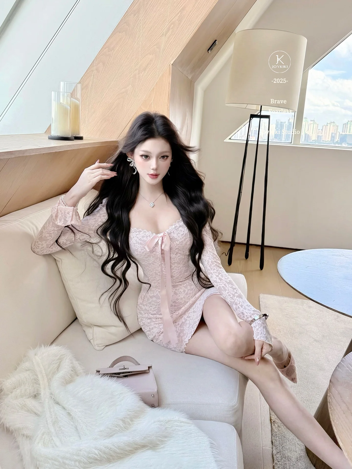 

Joykiki Peach Lady Long Sve Lace Trim Fitted Dr Straight Shoulder Deep V Design Sweet Sle High Waist Nylon Fabric