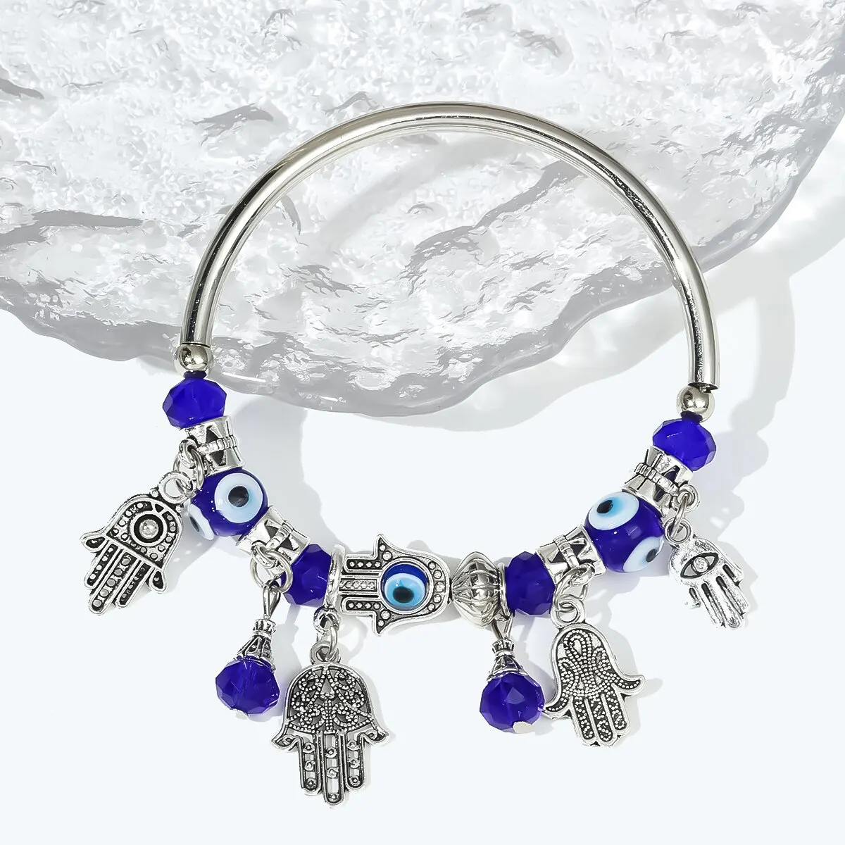 Blue Gold Accessory Devil\'s Eye Fatima Hands Crystal Metallic Palm Pendant Personality Bracelet