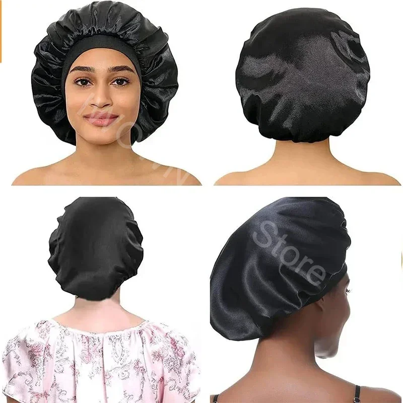 New Women\'s Satin Solid Wide-brimmed Sleeping Hat Unisex Head Wrap Elastic Band Cap Hair Care Bonnet Night Hat bonnet de nuit