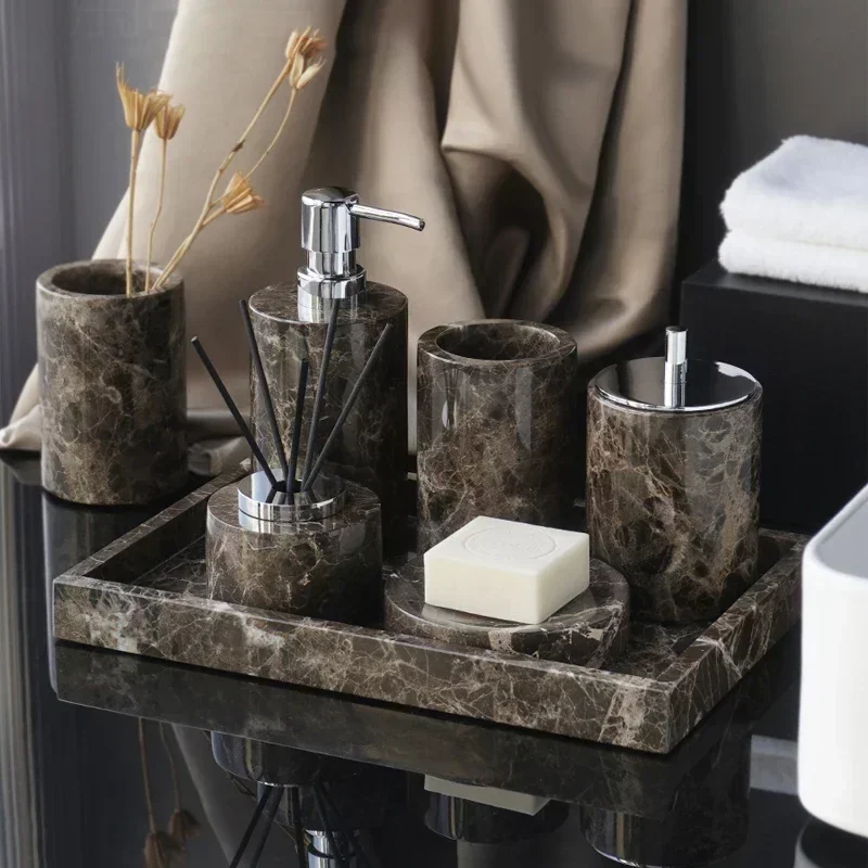 1pc Dark Natural Marble Bathroom Accessories Luxury Soap Dispenser Soap Dish Reed Diffuser Bathroom Supplies Cotton Swab Jar