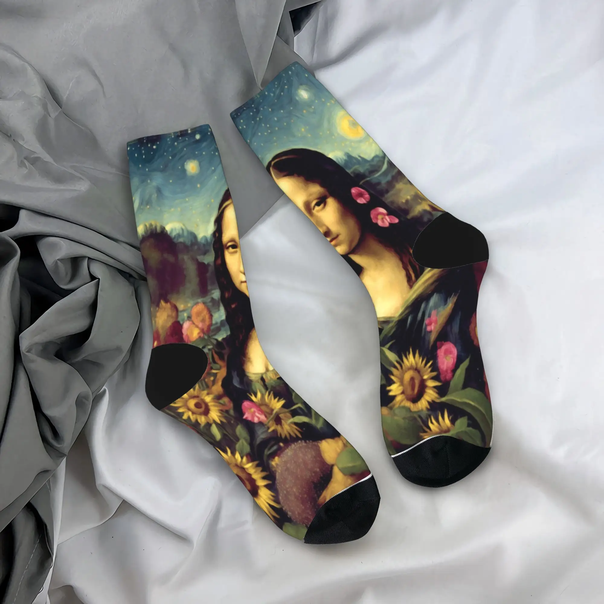 

Starry Night Sunflower Mona Lisa Stockings Funny Socks Men's Soft Breathable Socks Winter Skateboard Design Anti-Slip Socks Gift