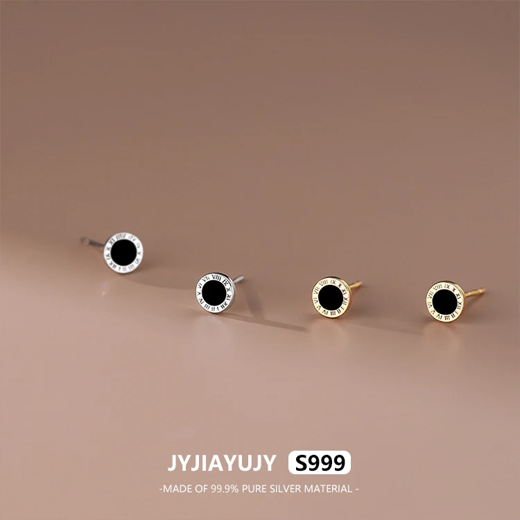 JYJIAYUJY 100% Whole Original Pure Silver S999 Stud Earrings 6MM Mini Round Roman Numeral Design Fashion Jewelry JYE55