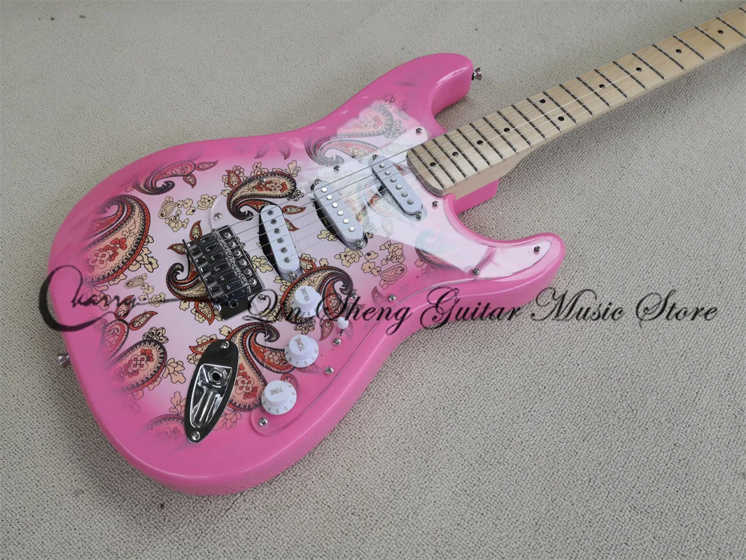 6-string guitar, stra pink guitar, decal body, maple headstock, chrome bridge,Acrylic guard