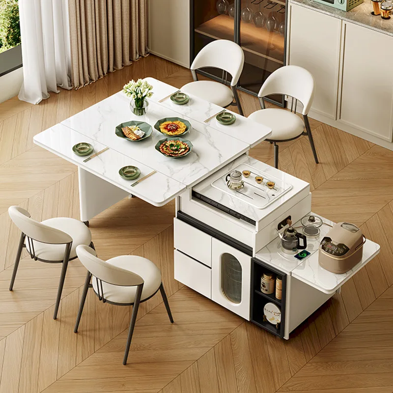 

Small apartment rock slab dining table and chair combination household mobile retractable folding dining table