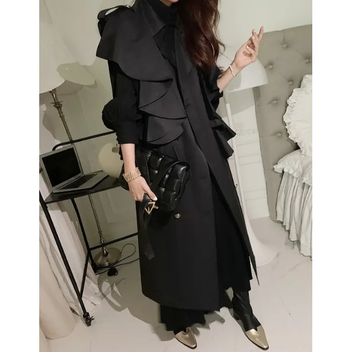 Chic Vintage Collar Double Breasted Belted Waist Cinched Midi Length Sleeveless Coat for Women Commute Style Pure Color