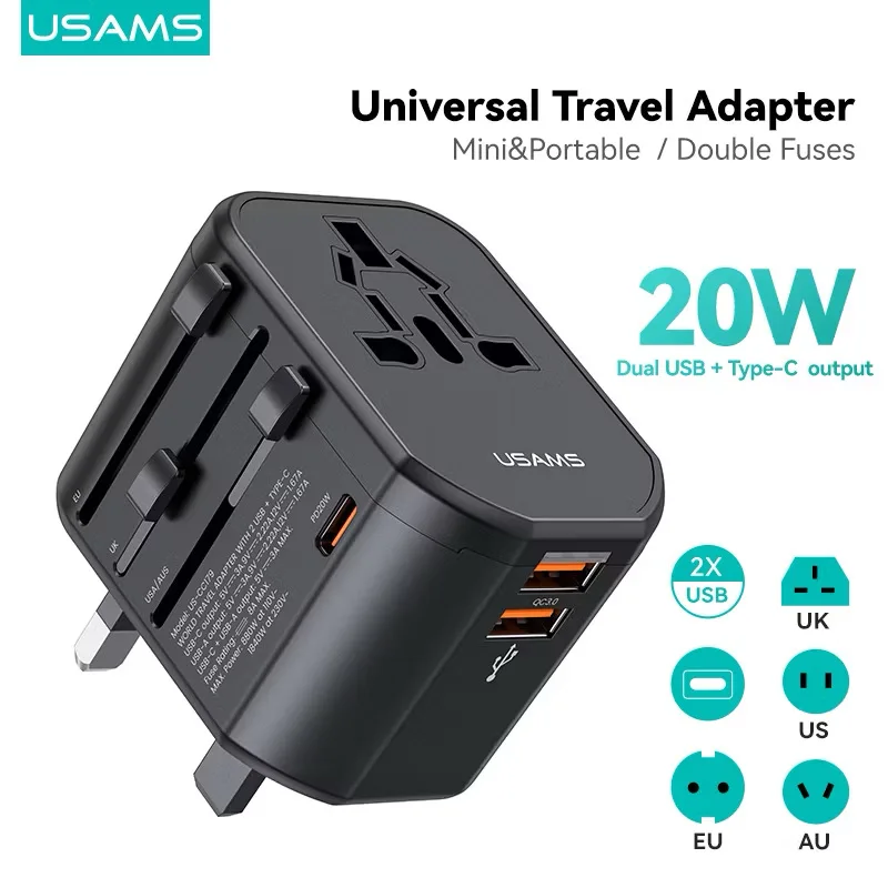 USAMS PD 20W Universal Travel Charger With USB +Type-C Fast Charging Worldwide Wall Charger Adapter for EU US UK AU Plug 2 Ports