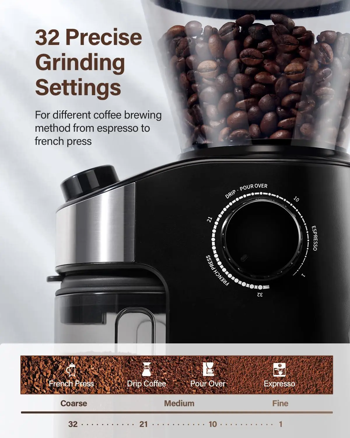 

Electric Coffee Grinder, 32 Precision Grind Settings, 40-Second Adjustable Timer, Easy Cleaning, Designed for Coffee Enthusiasts