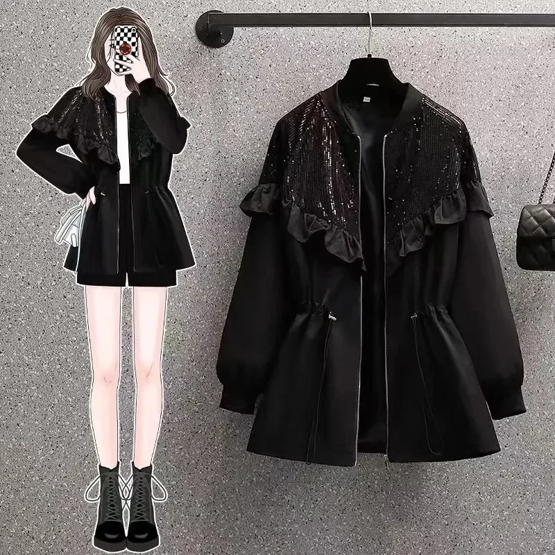 

2023 New Spring Autumn Fashion Lace Sequin Trench Coats Women's Clothing Casual Waist Windbreaker Coats Black Streetwear Tops