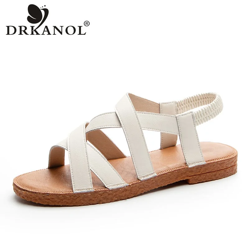 DRKANOL 2024 Cross Cowhide Open Toe Sandals Women Summer Soft Lightweight Flat Heel Back Strap Roman Sandals Big Size 41 42 43