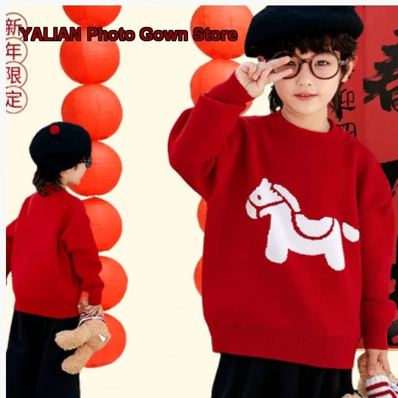 Boys Knit Top Kids Spring Autumn Winter Zodiac Year of the Horse Celebration Solid Color New Year Outfit